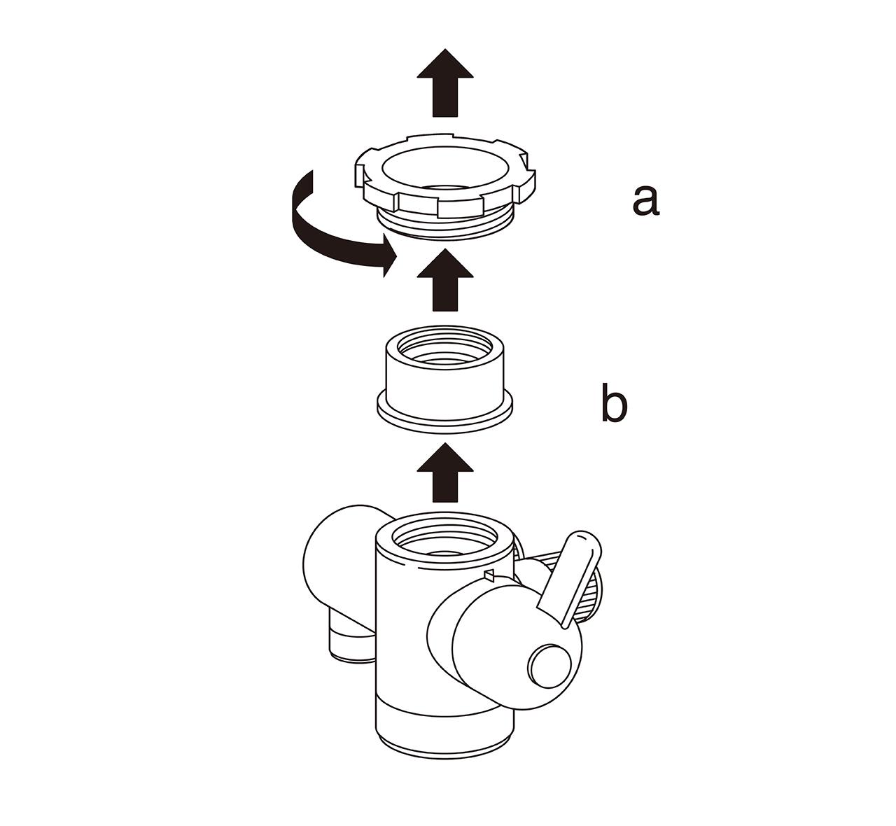 益之源淨水器分流器安裝教學-內螺紋水龍頭 2. 將分流器上方的軸環旋鈕（a）和分流器接管（b）旋下。與分流器放在一旁備用。