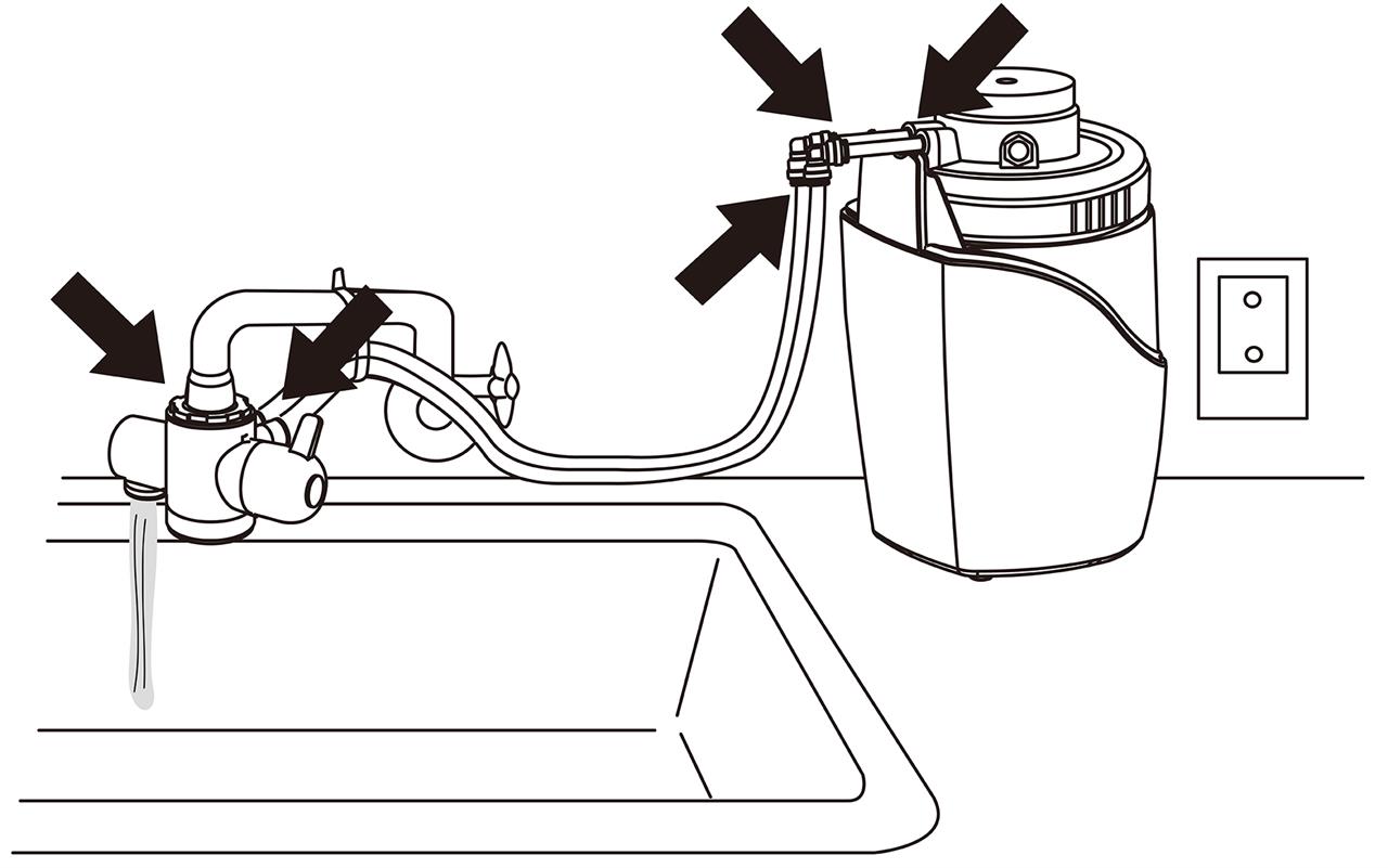 益之源淨水器分流器安裝教學-內螺紋水龍頭 2. 檢查分流器和各個水管連接處是否有漏水跡象。如果有漏水或氣泡，請參閱淨水器產品使用手冊之「故障排除」。