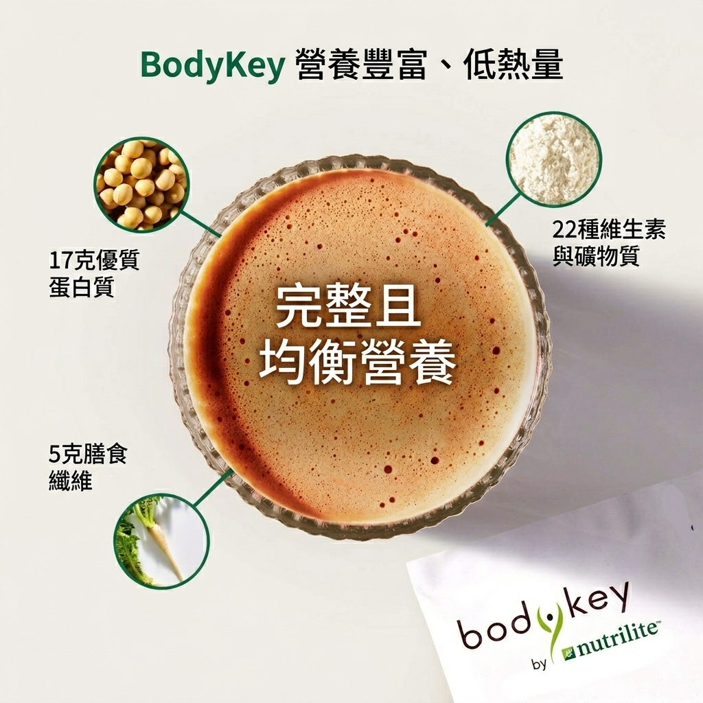 BodyKey營養超纖飲含17克優質大豆蛋白質、5克膳食纖維、22種維生素與礦物質，營養豐富，每包僅約210大卡