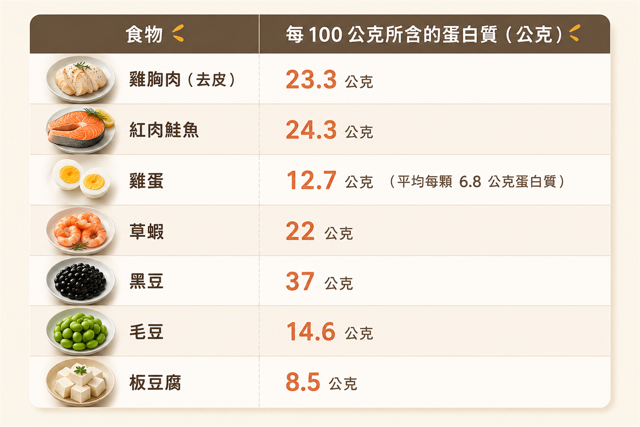 以每100公克所含蛋白質(公克)含量為例，去皮雞胸肉含23.3公克，鮭魚含24.3公克，雞蛋含12.7公克(若1顆蛋，約含6.8公克)，草蝦含22公克，黑豆含37公克，毛豆含14.6公克，板豆腐含含8.5公克