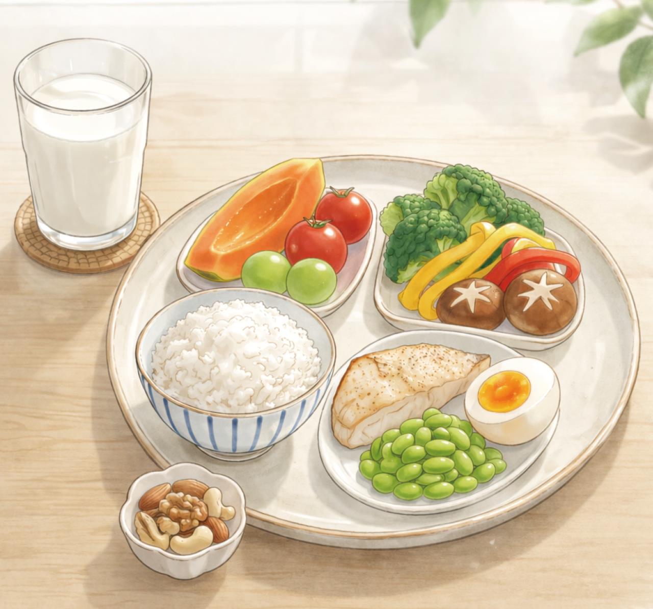 全穀雜糧、豆魚蛋肉、蔬果、牛乳、及一把堅果，6大類食物均衡攝取，確保身體獲得全面營養支持