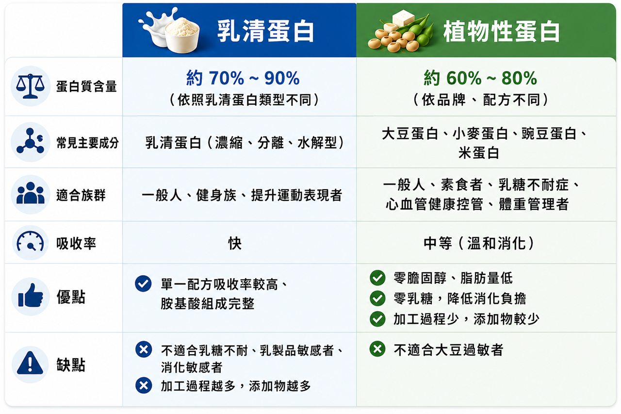 乳清蛋白與植物性蛋白比較表，內容包含蛋白質含量、主要成分、適合族群、吸收速度，以及兩者的優點與限制，幫助選擇適合自己的蛋白質來源。
