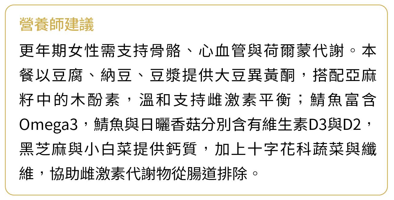營養師建議更年期女性可透過豆腐、納豆、豆漿補充大豆異黃酮，搭配亞麻籽、鯖魚補充 Omega-3，以及黑芝麻、小白菜與日曬香菇補充鈣及維生素 D，搭配十字花科蔬菜與膳食纖維，有助於支持骨骼、心血管及正常荷爾蒙代謝。