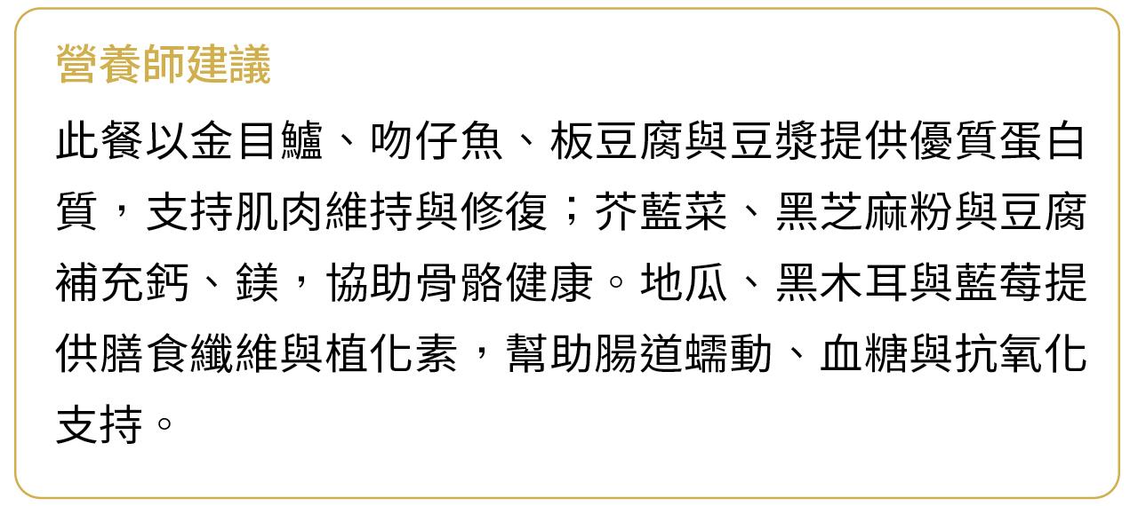 養師建議均衡早餐可搭配魚類、豆腐及豆漿補充優質蛋白質，搭配芥藍菜、黑芝麻粉補充鈣與鎂，以及地瓜、黑木耳、藍莓補充膳食纖維與植化素，有助於支持肌肉、骨骼、腸道及正常代謝功能。