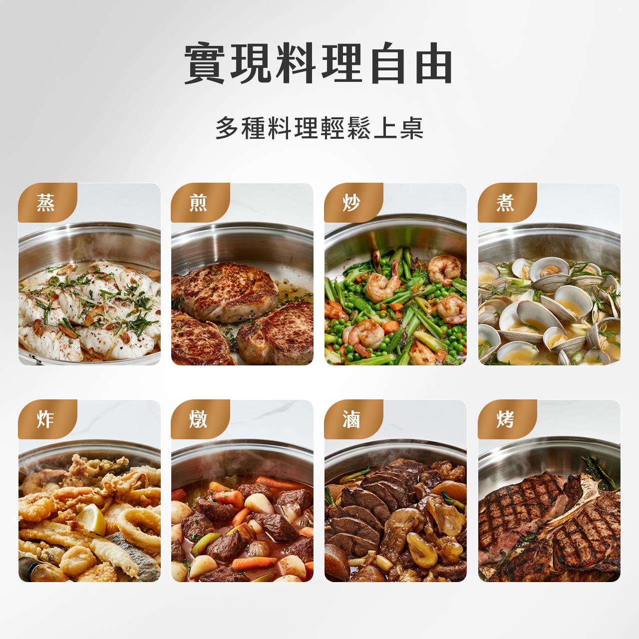 蒸、煎、炒、煮、炸、燉、滷、烤，一鍋多用 輕鬆變化每日餐桌。