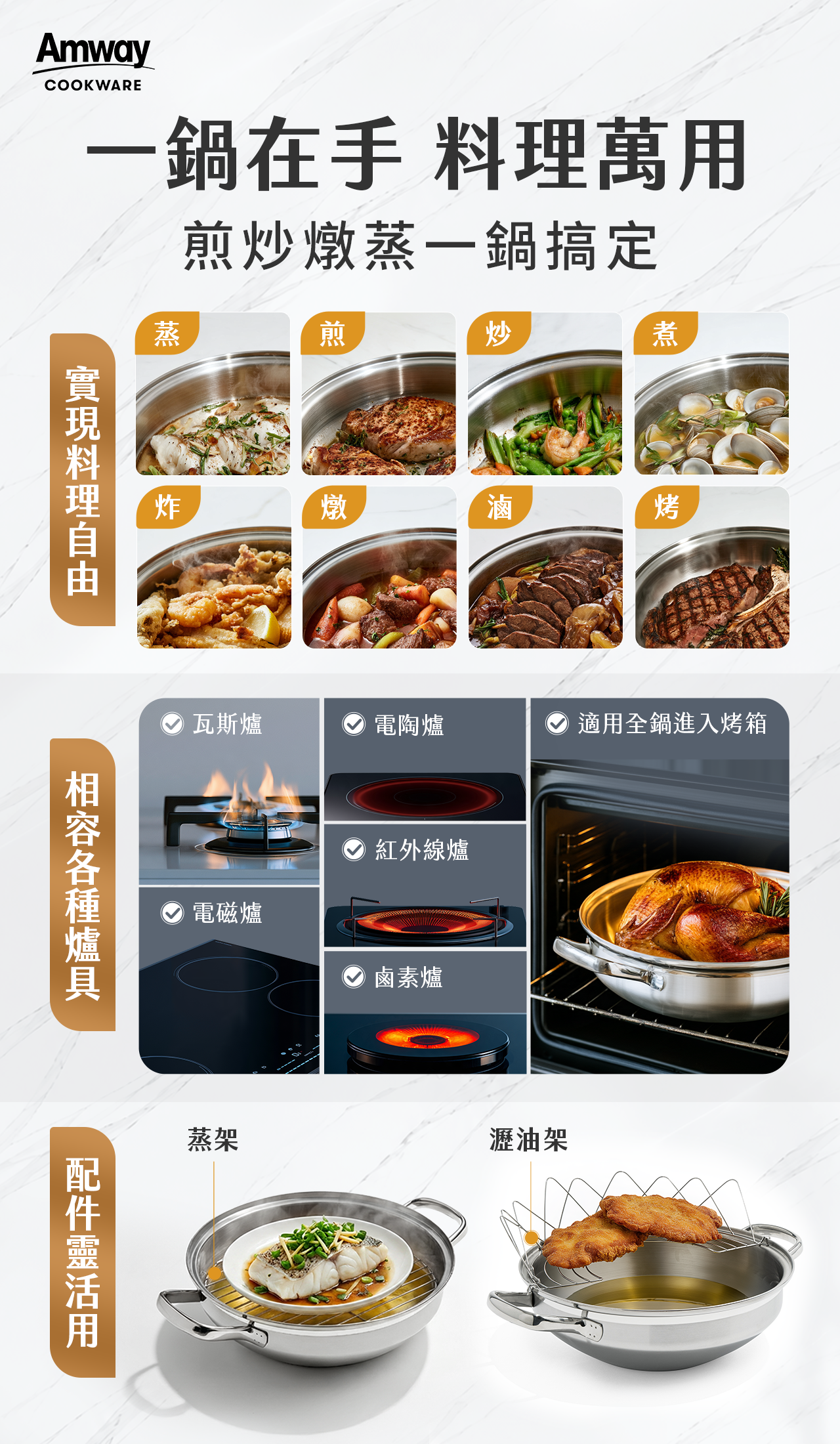 Amway Cookware 30 公分燉炒鍋可蒸、煎、炒、煮、炸、燉、滷、烤等多種料理，適用瓦斯爐、電磁爐、電陶爐、紅外線爐及烤箱，並可搭配蒸架與瀝油架使用。